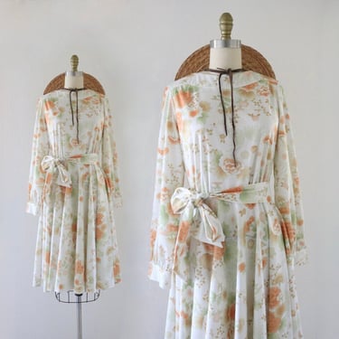 70's botanical belted dress - 4 - vintage 60s 70s floral long sleeve orange boho hippie size small 26 waist spring summer 