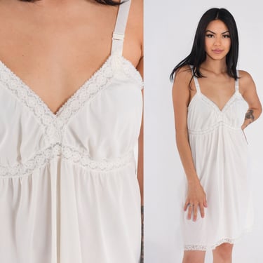 White Slip Dress 70s Lace Trim Babydoll Lingerie Nightgown Mini Nightie V Neck Empire Waist Spaghetti Strap Boho Vintage 1970s Medium M 36 