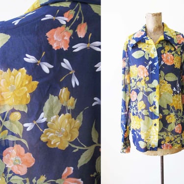 70s Semi Sheer Floral Shirt M - Vintage 1970s Blue Yellow Long Sleeve Button Up - Teddy California - Womens Flower Print Shirt 