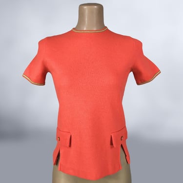 VINTAGE 60s Day-Glo Orange Short Sleeve Knit Wool Sweater | Fully Fashioned 1960s MOD Sweater girl | VFG 