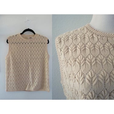 Vintage 60s Knit Sleeveless Blouse - 1960s Mod Beige Shell Top - Made in Japan - Size Large 