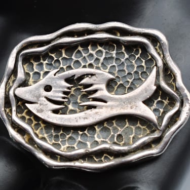 60's Coro Avant Garde dimensional pewter fish brooch, big Brutalist shadow box marine life pin 