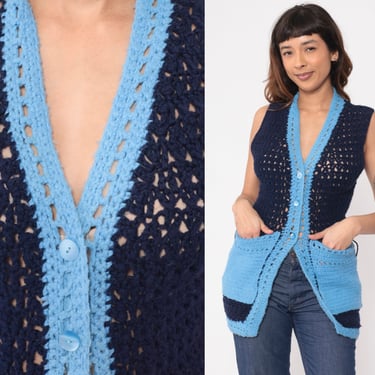 70s Crochet Vest Two Tone Navy Blue Knit Sweater Top Hippie Boho Open Weave Sheer Button Up 1970s Vintage Bohemian Sleeveless Extra Small xs 