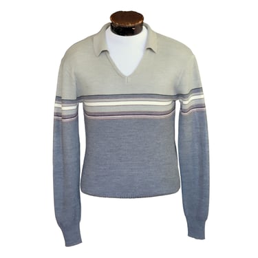 Vintage 70s Striped Johnny Collar Sweater, 1970s Mens Stripe Pullover Polo Shirt, V-Neck Jumper, Size Small 