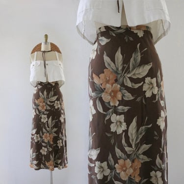 silk botanical skirt - 29 - vintage 90s y2k brown womens size medium 7 long maxi spring summer skirt 