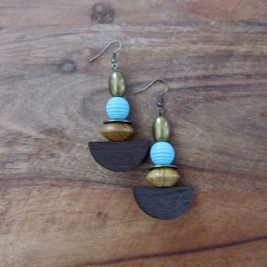 Bold blue wooden geometric earrings 