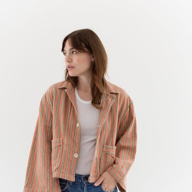 Vintage Orange Brown Flannel Striped Crop Shirt Jacket | Unisex Stripe Cotton Pajama Chore | L | SCJ012 