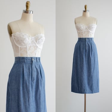 blue midi skirt 90s vintage chambray cotton skirt 