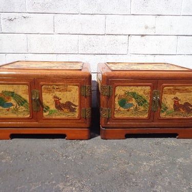 Pair of Antique Tables Cabinets Korean Bedside Tables Hand Painted Asian Pagoda Chinoiserie Boho Chic Media Console Storage Gold Brass 