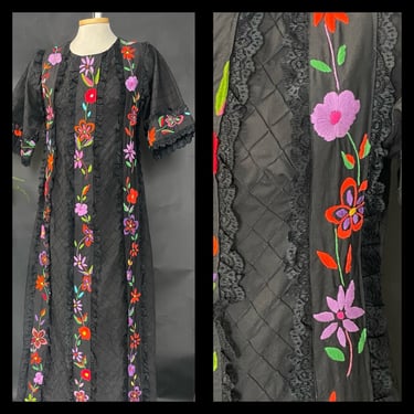 Vintage Dress 1960s 1970s 60s Handmade Boho Bohemian Embroidered Floral Ruffled Caftan Kaftan Black Bright Colorful Long Maxi Gown 