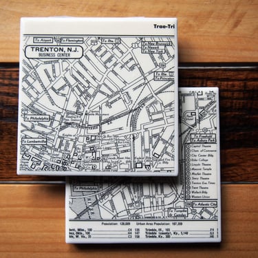 1956 Trenton New Jersey Map Coaster Set of 2. Vintage Map. Trenton Coasters. Jersey Map. City coasters. Housewarming Gift. Black and white. 