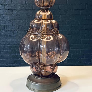 Vintage Purple Bubble Glass & Brass Table Lamp, c.1960’s 