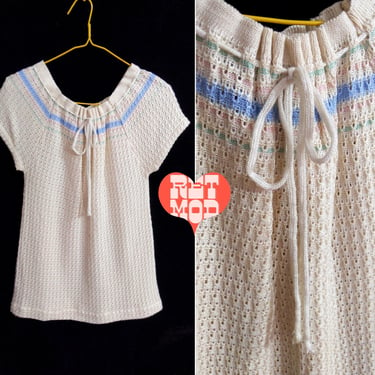 Lovely Vintage 70s Off-White Knit Boho Top with Pastel Stripes 