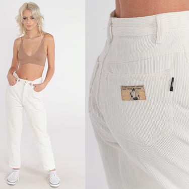 White Corduroy Pants 80s Trousers High Waisted Rise Straight Tapered Leg Retro Preppy Cords Basic Plain Mom Slacks Vintage 1980s Small S 26 