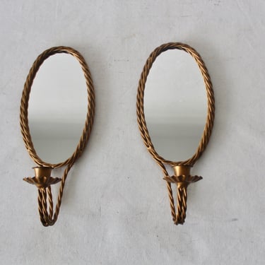 Vintage Mid-Century Gold Brass Oval Mirror Rope Wire Boarder Candle Holders-a pair 