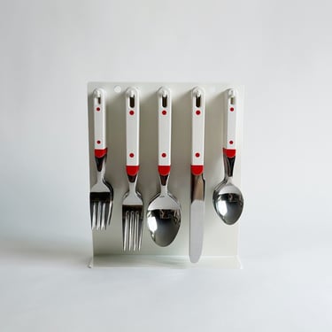 Postmodern Cutlery Set with Stand, New Deadstock, Stainless Steel with White & Red Plastic, Made in Japan, Vintage 1980’s 