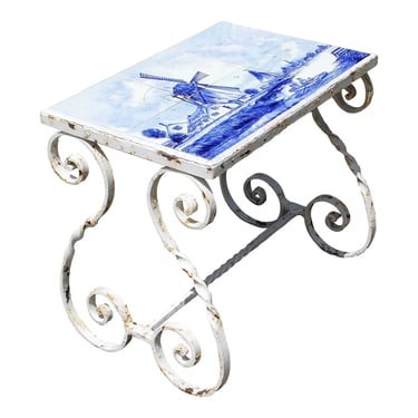 Vintage Blue &#038; White Dutch Delft Tile Top Wrought Iron Plant Garden Patio Table