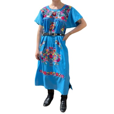 Vintage Womens Blue Cotton Mexican Floral Embroidered Hippie Maxi Dress Sz L 