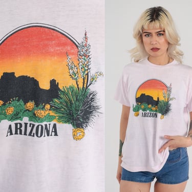 Vintage Arizona T-Shirt 80s Baby Pink Desert T Shirt Cactus Agave Prickly Pear Graphic Tee Tourist Tshirt Single Stitch 1980s Medium Large 