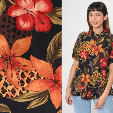 Tropical Floral Blouse 90s Black Button Up Shirt Rayon Shirt Hibiscus Summer Top Short Sleeve Top 1990s Vintage Orange Red Botanical Large 