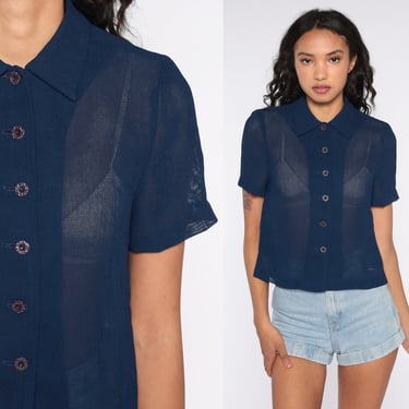 Sheer Navy Blouse KEYHOLE Back Shirt 80s Button Up Shirt Blue Top Cutout Vintage 1980s Cut Out Short Sleeve Small S 4 