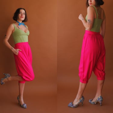 Vintage 80s Raw Silk Pink Balloon Pants/ 1980s High Waisted Bloomer Shorts/ Size Small 26 
