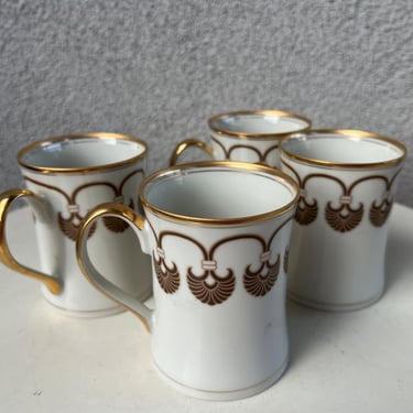 Vintage 1978 Fitz & Floyd porcelain mugs set 4 Alexandria pattern gold white 