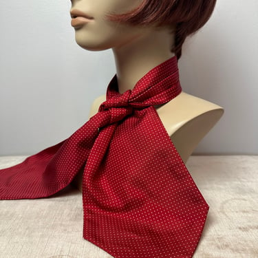 Vintage 100% silk pussycat bow extra wide & long red microdots 1970’s Made Italy dark red neckerchief women’s scarves ascots 