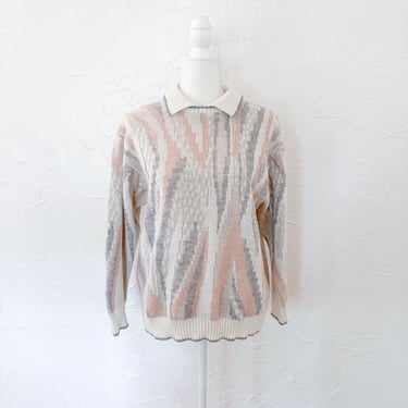 80s Abstract Collared Pullover Sweater in Cream Pink Gray | Medium/Large/Extra Large 