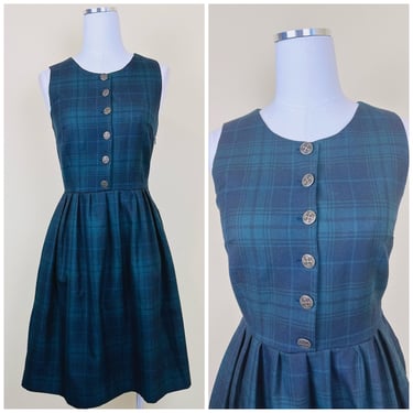 1980s Vintage Blue and Green Plaid Vintage Dress / 80s Wool Fit and Flare Pinafore Dress / Size Small 