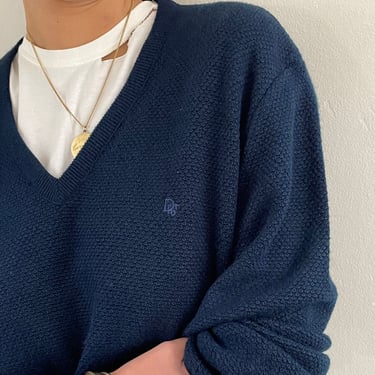 70s Dior sweater / vintage Christian Dior Monsieur navy blue V neck boyfriend sweater | L 