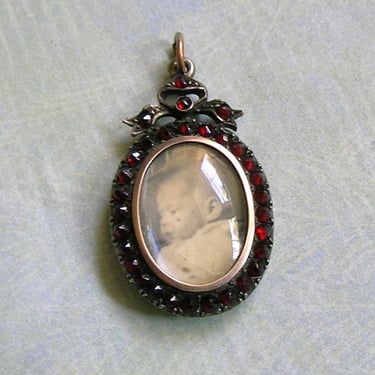 Antique Victorian Silver and Rose Cut Garnet Glass Locket, Old Glass Locket, Old Garnet Locket (#4254) 