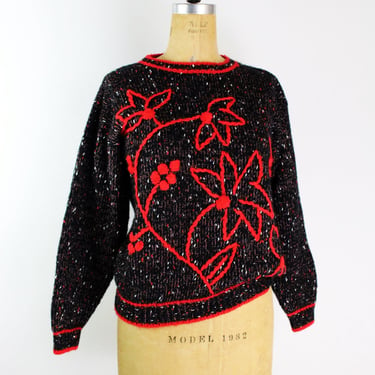 70s Black and red Floral Sweater/ Winter Sweater / Wool Sweater / Holiday Sweater /  Size M/L 