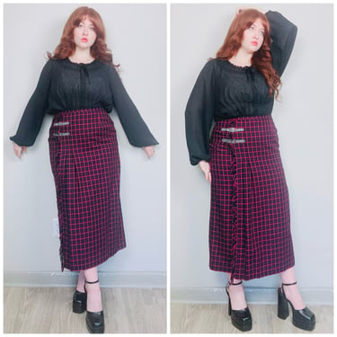 1990s Vintage Poly Rayon Hot Pink and Black Plaid Skirt / 80s High waisted Wrap Fringe Trim Pencil Skirt / Size Large - XL 