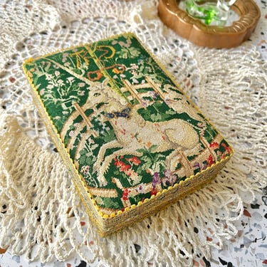 Unicorn Trinket Box, Tapestry Fantasy, Petit Point, Vintage Home Organization, Dresser Top 