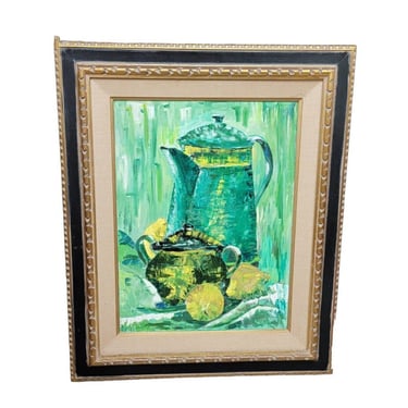 Mid Century Lime Green Still Life Painting 