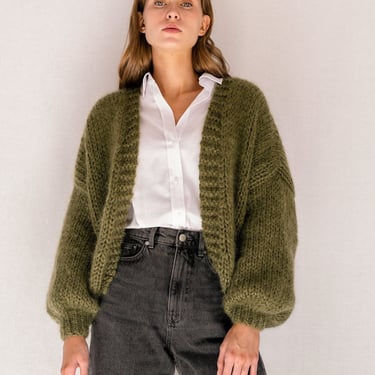 Mohair Bomber Cardigan in Moss, Hand Knit Deep Green in Soft Mohair, Chunky Knit Cardigan, Balloon Sleeves, Slouchy Open Front Cardigan 