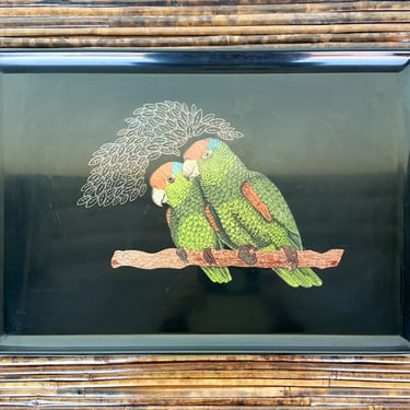 Couroc Tray with Wood and Brass Inlaid Macaws