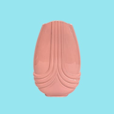 Vintage Vase Retro 1980s Post Modern + Light Mauve Pink + Ceramic + Tall Oval Shape + Wave Design + Contemporary + Home Decor + Flowers 