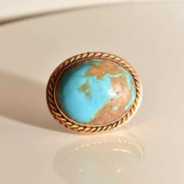 Natural Blue Turquoise Brooch In 14K Yellow Gold, Large Bezel-Set Turquoise Cabochon, Estate Jewelry, 36mm 