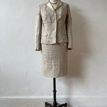 Vintage Prada Distressed Linen Silk Blend Blazer & Skirt Coordinate Set Size 40