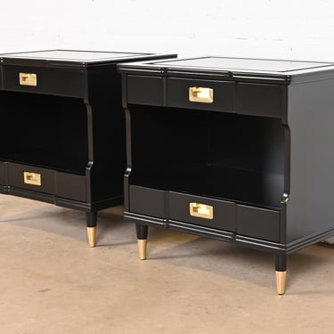 John Widdicomb Mid-Century Modern Hollywood Regency Black Lacquered Nightstands, Newly Refinished