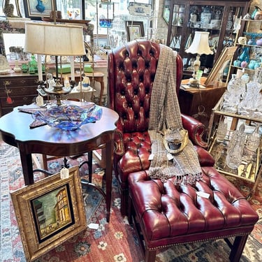 Vintage Hickory oxblood leather Chesterfield Chippendale style wingback chair with matching ottoman-for pick up only chair approx 45t x31w x36d ottoman approx 24x19x16t-Incredible vintage condition with tags on ottoman