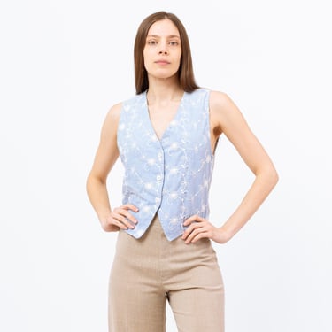 Medium 90s Baby Blue Floral Embroidered Vest | Vintage Sleeveless Button Up V Neck Pinstriped Top 