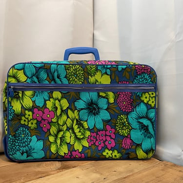 Vintage floral Luggage 70s overnight bag suitcase neon canvas 