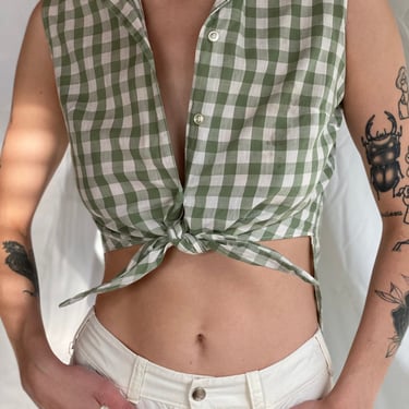 50's Crop Tie Top / Pale Green and White Checkered Print Shirt / Button Up Tie Shirt / Fifties Crop Top / Button Up Blouse / Picnic Checks 