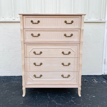 Vintage Faux Bamboo Tallboy Dresser Chest with 5 Drawers by Broyhill - Hollywood Regency Palm Beach Coastal Furniture 
