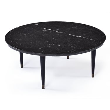 Mid-Century Modern Round Black Dark Charcoal Gray Marble Coffee Table 