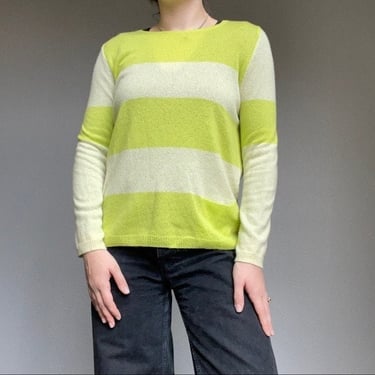 Luisa Cerano Lime Green White Cashmere Light Weight Pullover Sweater Sz M 