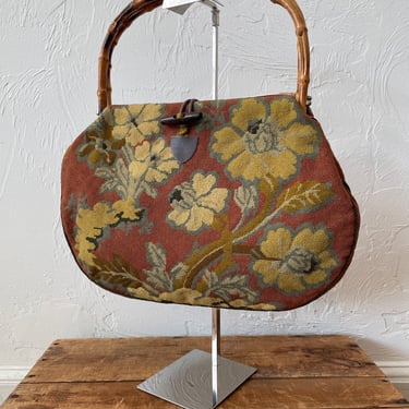 Vintage Antique Floral Needlework Bamboo Handle Bag